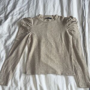 Zara Beige Puff Sleeve Blouse with Pearls